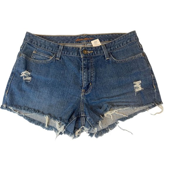 Eddie Bauer Womens Cut Off Jeans Shorts Curvy Fit Distressed HOL09 Blue Size 8S - Picture 1 of 9